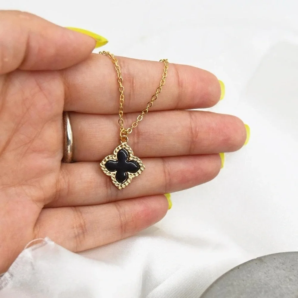 Gold Necklace with Black Clover Pendant